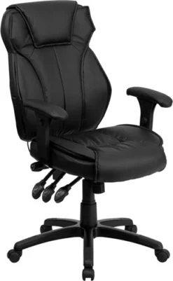 FLASH Hansel High Back Black LeatherSoft Multifunction Executive Swivel Ergonomic Office Chair With Lumbar Support Knob With Arms - BT-9835H-GG