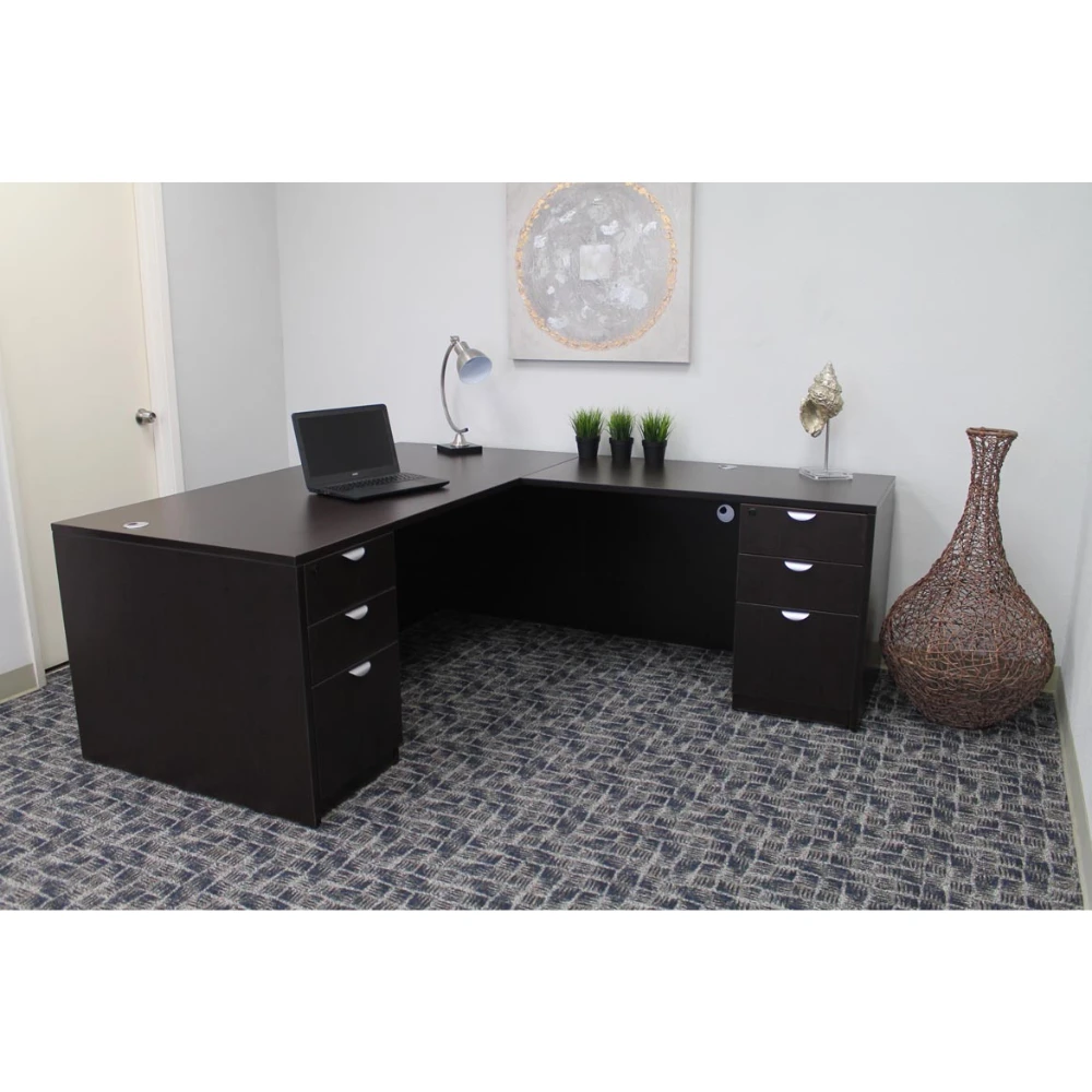 Boss Holland Series 66" Or 71" Executive L-Shape Corner Desk With Dual File Storage Pedestals, Mocha 1 Boss Holland Series 66" Or 71" Executive L-Shape Corner Desk With Dual File Storage Pedestals, Mocha