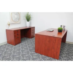 Boss Holland Series Office Suite, 66 Inch Desk And Credenza With Dual File Storage Pedestals, Cherry