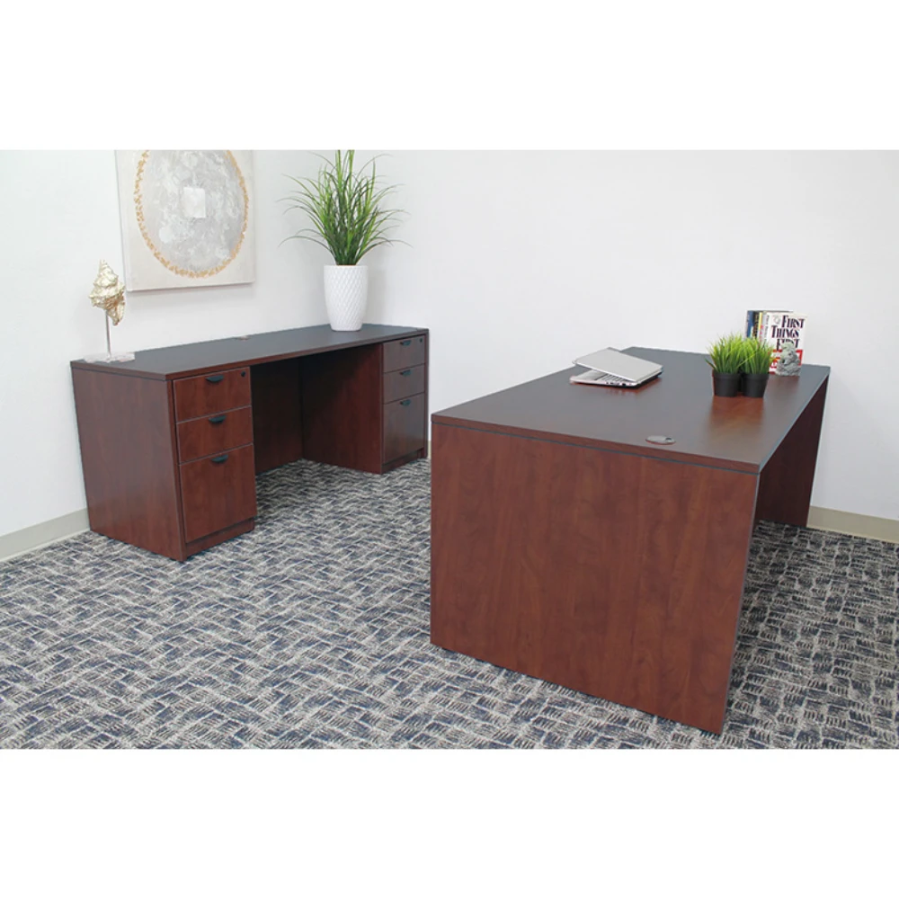 Boss Holland Series Office Suite, 66 Inch Desk And Credenza With Dual File Storage Pedestals, Mahogany 1 Boss Holland Series Office Suite, 66 Inch Desk And Credenza With Dual File Storage Pedestals, Mahogany