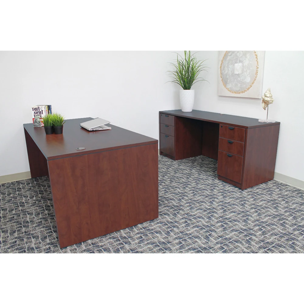 Boss Holland Series Office Suite, 66 Inch Desk And Credenza With Dual File Storage Pedestals, Mahogany 2 Boss Holland Series Office Suite, 66 Inch Desk And Credenza With Dual File Storage Pedestals, Mahogany - Image 2