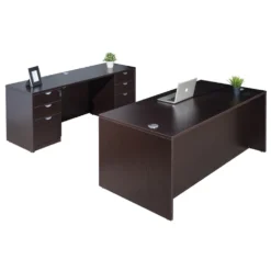 Boss Holland Series Office Suite, 66 Inch Desk And Credenza With Dual File Storage Pedestals, Mocha