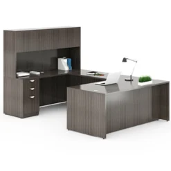 Boss Holland Series 66" Or 71" Executive U-Shape Desk With File Storage Pedestal And Hutch, Driftwood