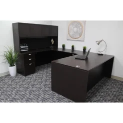 Boss Holland Series 66" Or 71" Executive U-Shape Desk With File Storage Pedestal And Hutch, Mocha
