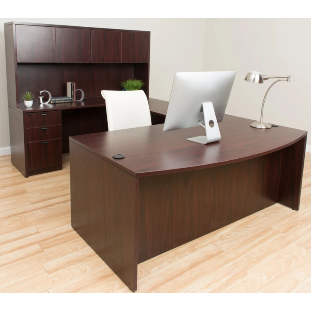 Boss Holland Series 71 Inch Executive U-Shaped Curved Bow Desk With File Storage Pedestal And Hutch, Mahogany 1 Boss Holland Series 71 Inch Executive U-Shaped Curved Bow Desk With File Storage Pedestal And Hutch, Mahogany