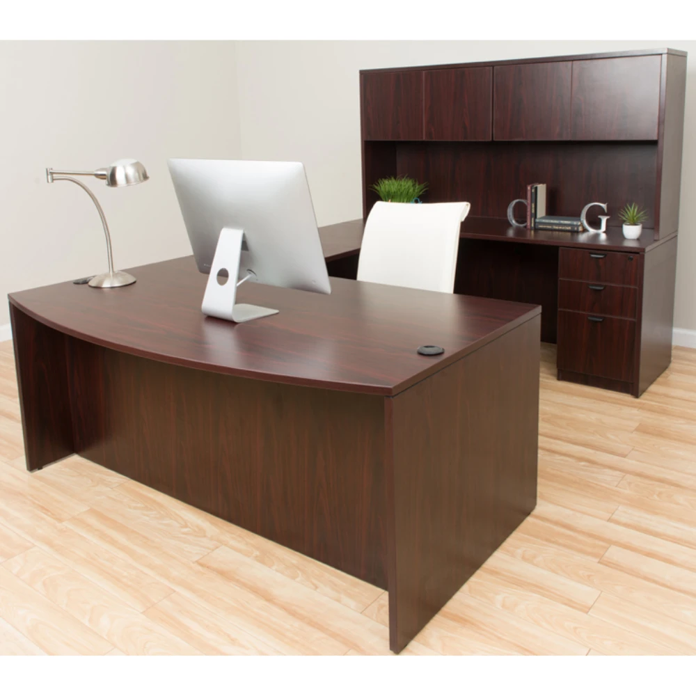 Boss Holland Series 71 Inch Executive U-Shaped Curved Bow Desk With File Storage Pedestal And Hutch, Mahogany 2 Boss Holland Series 71 Inch Executive U-Shaped Curved Bow Desk With File Storage Pedestal And Hutch, Mahogany - Image 2