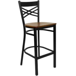 FLASH FURNITURE HERCULES Series Black ''X'' Back Metal Restaurant Barstool - Wood Seat